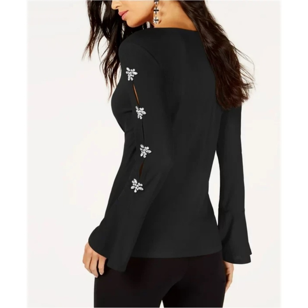 I.N.C. Detailed Jeweled Black Embellished Long Bell Sleeve Blouse